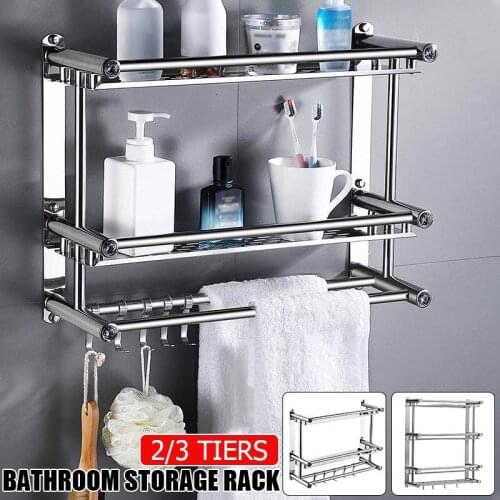 Bath Towel Shelf Rack Bathroom Holder Double With Hooks Anti-Rust Wall Mounted Hanging Washbasin Washroom Storage Sorting