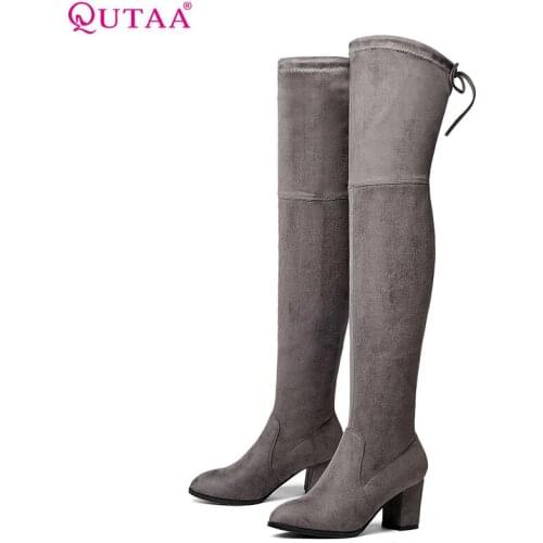 QUTAA 2020 Ladies Autumn/Spring Shoes Square High Heel Women Over The Knee Boots Scrub Black Woman Motorcycle Boots Size 34-43