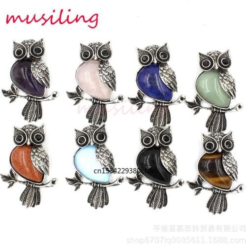 Retro Silver Plated Lapis Lazuli Aventurine Howlite Malachite Tiger Eye Owl Necklace Pendants Woman Amulet Gifts Sweater Chain