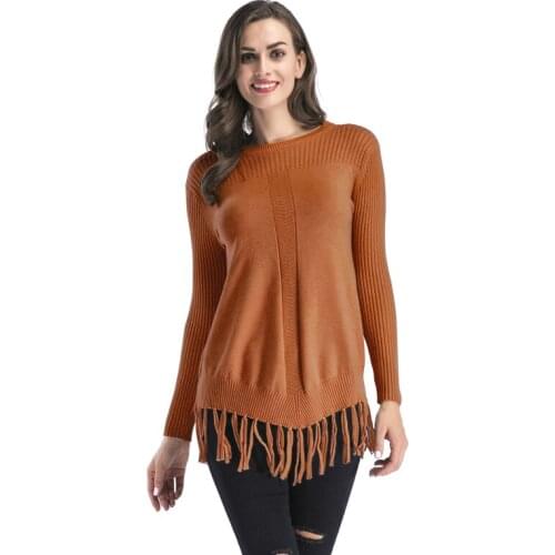 Autumn Winter Womens Long Sleeve O-Neck Fashion Loose Casual Sweaters Ladies Tassel Knitting Shirts Tops