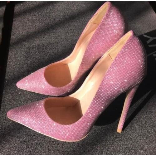 Hot Selling Pink Glitter Pumps Women Shoes High Stiletto Heel Pointed Toe Wedding Shoes Bride Low-cut Thin Heels Dress Shoes