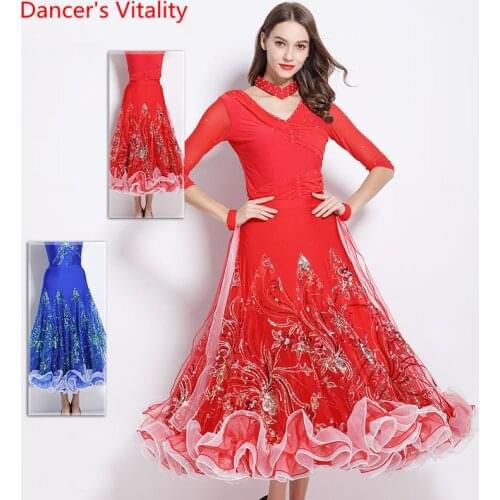 Adult Modern Dance Wear Women Elastic Ice Silk Sequin Big Hem Skirt Ballroom National Standard Waltz Jazz Dancing Practice Cloth