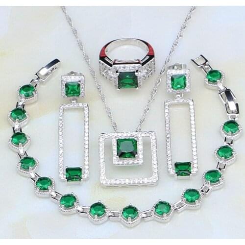 925 Sterling Silver Jewelry Green Cubic Zirconia White CZ Costume Jewelry Sets For Women Earrings/Pendant/Necklace/Bracelet/Ring