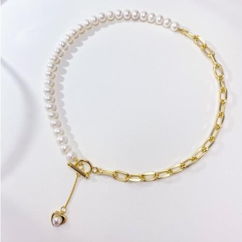 Pearl Necklace Choker with Heart Pendant Gold Color Chunky Chain Toggle Clasp Necklace Women Collar Wedding Engagement Jewelry