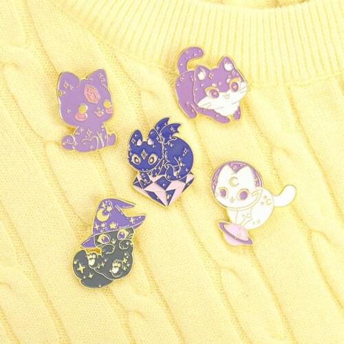Moon Wizard Cat Enamel Pins Purple Hat Diamond Crystal Space Cat Witch With Wing Kitten Badges For Women Brooches Magic Jewelry