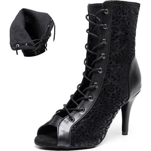 Ladies Leopard Ballroom Dance Boots Black High Top Bachata Salsa Dance Shoes For Woman Lace Up Latin Mordern Dancing Shoes Gilrs