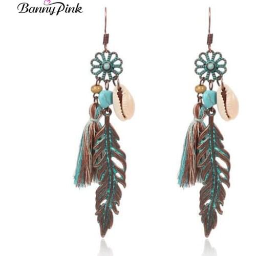 Banny Pink Bohemia Shell Synthetic Stone Charms Earrings For Women Vintage Tassel Pendant Drop Earrings Ethnic Feather Earrings