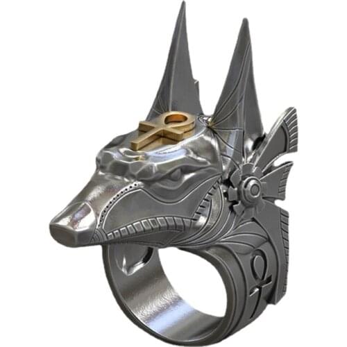 Goldplated Ancient Egyptian Pharaoh Anubis God Ancient Egyptian Wolf Head Ring 925 Sterling Silver