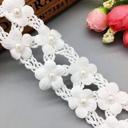 1 Yard 35mm Width White Cotton Pearl Flowers Lace Trim Beaded Braid for Headband Wedding Ribbon Child Dress Applique Sewing