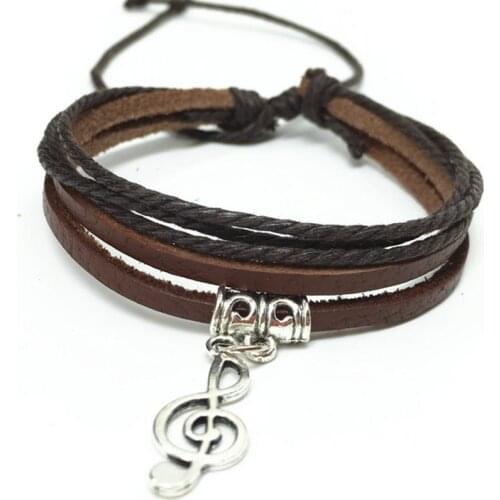 2016 Handmade Vintage Famons Brand Music notation Charm Hemp Rope Genuine Leather Bracelets for Women Femme Homme Men Jewelry