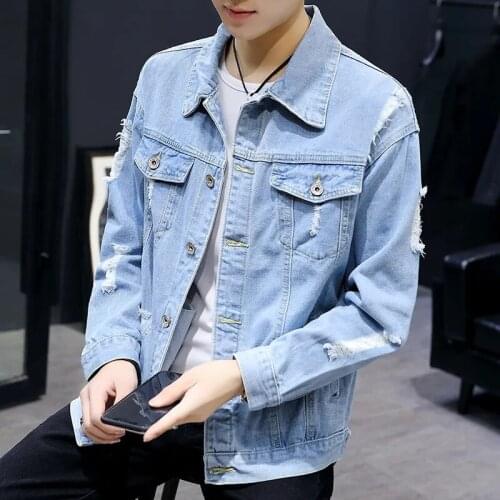 Jeans Jacket Mens Harajuku Ripped Hole Denim Coat Streetwear Slim Buttons Casual Tops Bomber Outwear Spring Autumn Veste Homme