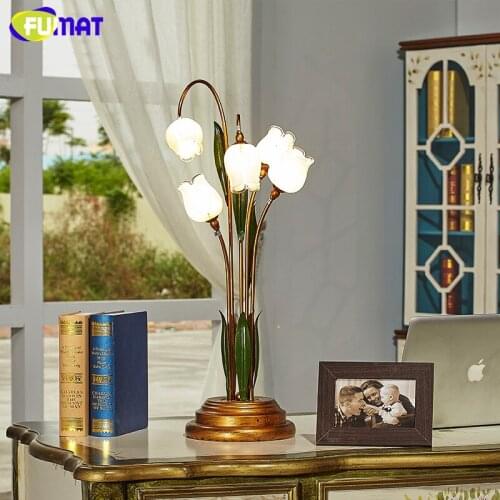 FUMAT Glass Table Lamp Pastoral Flower Shade Lamp For Living Room Bedside Lamp Art Decor Glass Flower Metal LED Table Lights