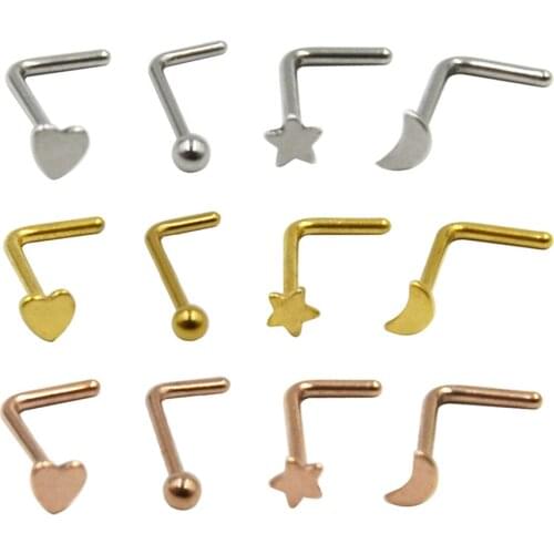 12pieces Assorted Shapes Colors L-Shaped Nose Bone Stud Piercing Body Nose Ring Jewelry 20 Gauge-Moon, Ball, Star & Heart Style