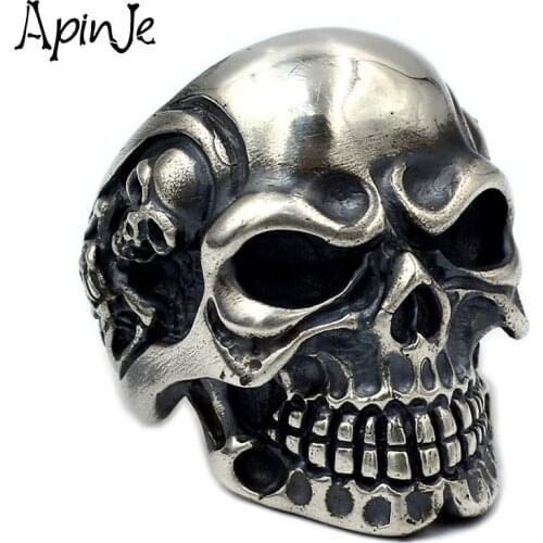 Apinje 925 Sterling Silver Skull Ring for Men Big Rings Exaggerated Skeleton Punk Gothic Fashion Jewelry