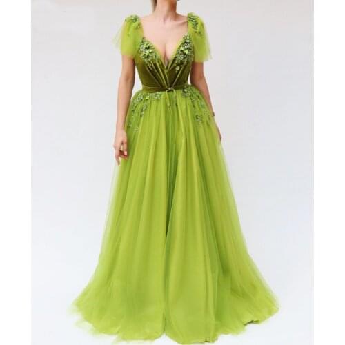 Lime Green Velvet Tulle V Neck Evening Dresses Long Cap Sleeves Appliques Beaded Formal Evening Party Gowns Robe De Soiree