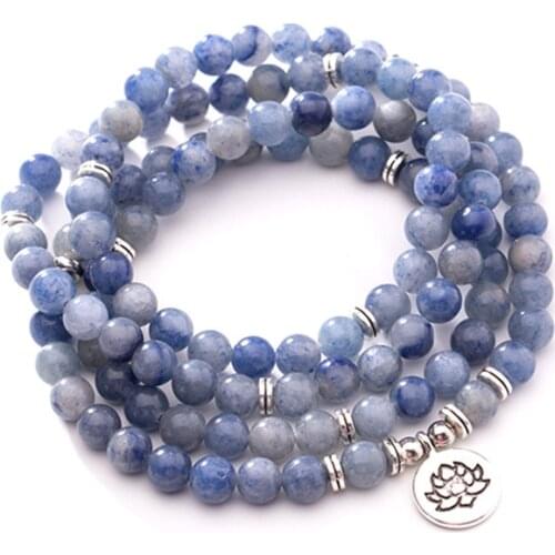 Matte Blue & White Color Sparkling Labradorite Stone Bracelet For Woman 108 Meditation Mala Lotus Necklace Om Bracelet