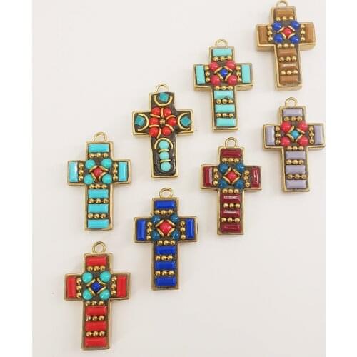 5pcs Handmade Copper Crosses Shape Nepal Tibetan Pendant Retro Ethnic Charms Pendant Jewelry Accessories Making Findings