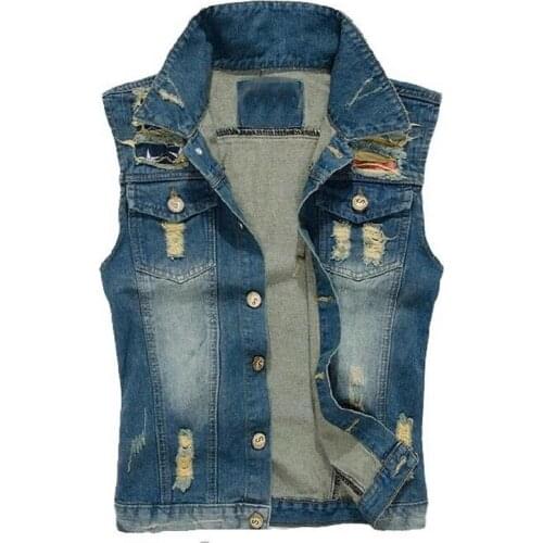 Brand Mens Denim Vest Men Cowboy Sleeveless Hip Hop Holes In Jeans Jacket Denim Jackets