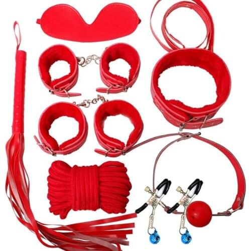 8pcs Bdsm Kit Female Sex Toy Sexy Leather Handcuffs Nipple Clip Whipping Gag Plush Sex Bondage Suit Nylon Tie Rope Flirting Game