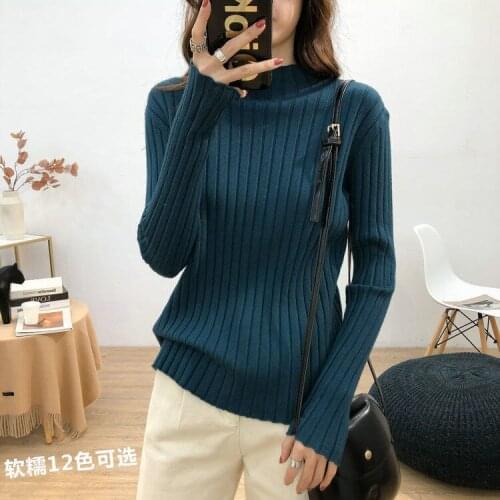Autumn Winter Half High Neck Pit Stripe Bottom Knitted Women Korean Fashion Versatile Loose Elastic Thin Solid Lady Sweater