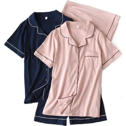 Spring and Summer Couple Pajamas Cotton Short-sleeved Shorts Women and Mens Loose Home Sleepwear Solid Color Traje Conjuntos