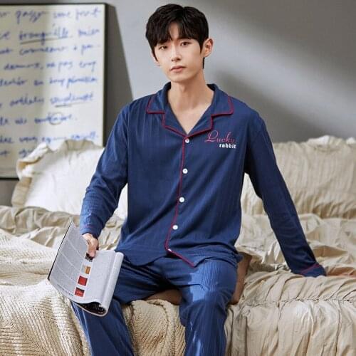 Autumn Winter Men Cotton Pajamas Set Fashion Red Letter Stripes Turn-dowm Collar Sleepwear Loose Blue Long Sleeve Men Home Suits