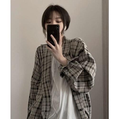 Harajuku casual plaid shirt retro punk grunge Korean Hong Kong style loose versatile men women high street shirt unisex blouse