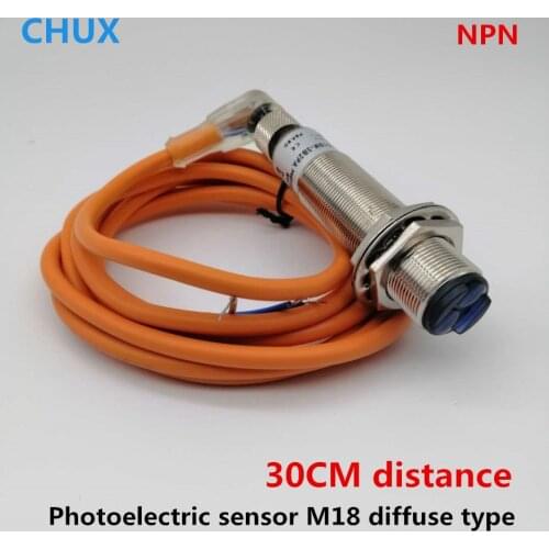 Diffuse Type Photoelectric Sensor NPN 30cm Adjustable Sensing Detect Distance M18 with bend mask machine LED Switch Connector