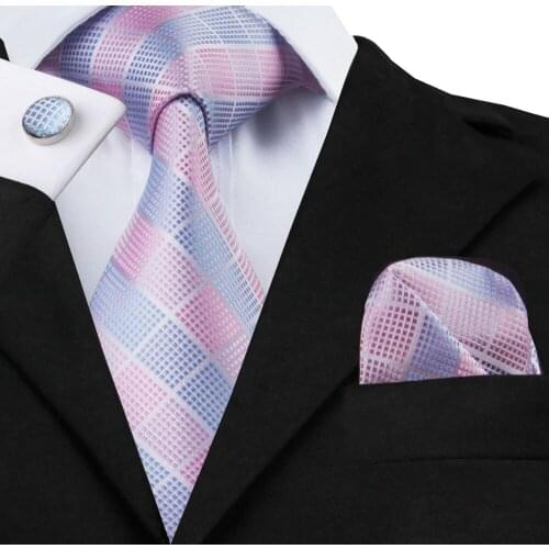 SN-1198 Sky Blue Pink Plaid Checks Hanky Cufflinks Sets Mens Silk Ties for men Formal Wedding Party Groom