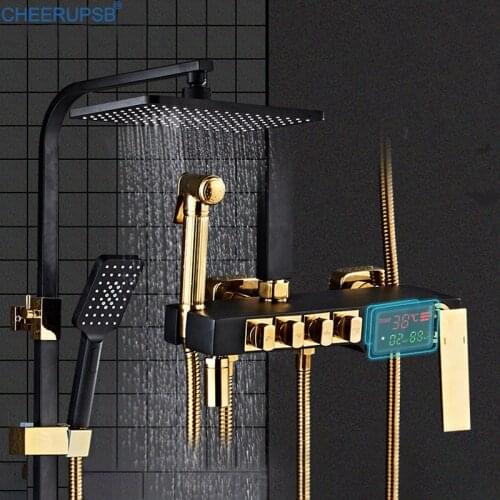 LED Digital Shower Set Bathroom Thermostatic Smart Shower System Wall Mount SPA Rainfall Bath Faucet Hot Cold Mixer Copper Tap