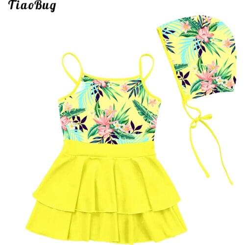 TiaoBug Summer 2Pcs Kids Girls Adjustable Straps Sleeveless Layered Swimming Dress With Hat Beach Bathing Pool Swimwear Bikini