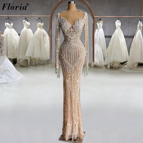 Robe de soiree 2021 Heavy Handmade Evening Dresses Long Sleeves Formal Celebrity Dresses Evening Wear Elegant Birthday Gowns