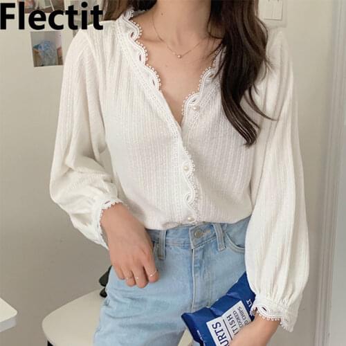 Flectit Vintage Blouse With Lace Lantern Sleeve V-Neck Button Front Womens Blouses & Shirts