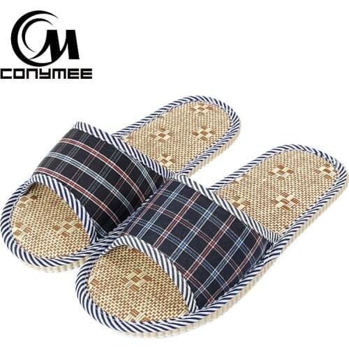 YM-PMSH Indoor Floor Mens Casual Shoes Summer Beach Slippers Sandals Breathable Flax Linen Home Slippers Male Bath Flip Flops