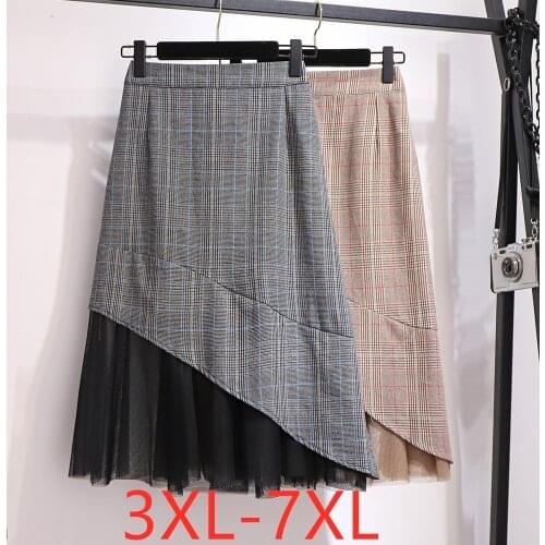 2021 spring summer plus size midi skirt for women large casual loose gauze plaid pleated skirts khaki black 3XL 4XL 5XL 6XL 7XL