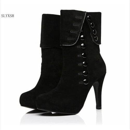 2018 Women Boots High Heels Fashion Red Shoes Woman Platform Flock Buckle Winter Boots Ladies Shoes Female Botas Femininas