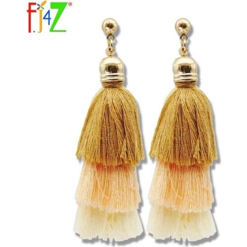 F.J4Z New Hot Tassel Earrings Fashion Designer Golden Alloy Mixed Color Cotton Fringes Earring for Women Bijoux