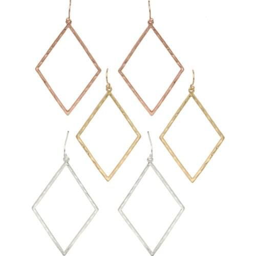 Polished Hammered Metallic Rhomboid Hollow Drops Statement Earrings for Women Simple Design Metallic Geometry Earrings