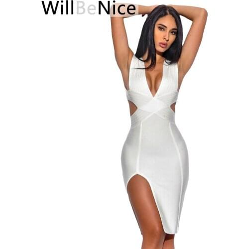 WillBeNice White Women Dress Bandage Sexy Deep V Neck Open Fork Knee Length Sexy Women Bodycon Bandage Dress For Women 2019