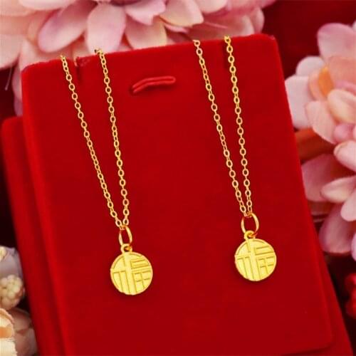 Pendant Necklaces for Women Chinese Fu Letter Chain Necklaces Real Yellow Gold Plated Brass Lucky Women Necklaces New Jewelry