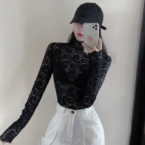 4 Colors Women High Collar Lace 2020 Fashion T-shirts Sexy Slim Top Autumn Casual Long Sleeve Women T-Shirts
