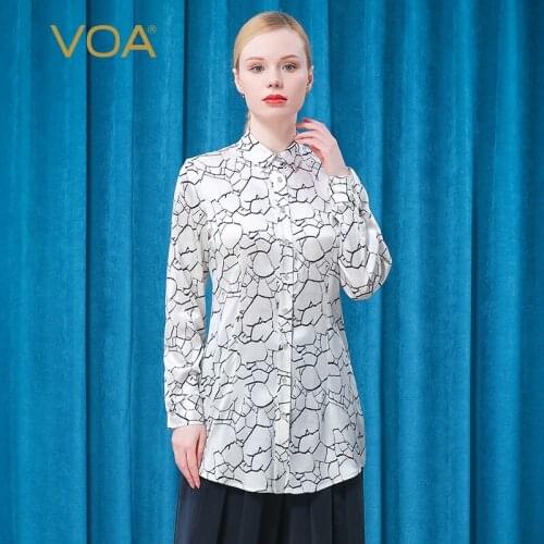 VOA Print Silk Micro-elastic Polo Collar Blouse BT011 Loose Waist Single-breasted Curved Hem Fashion Long-sleeved Shirt Women