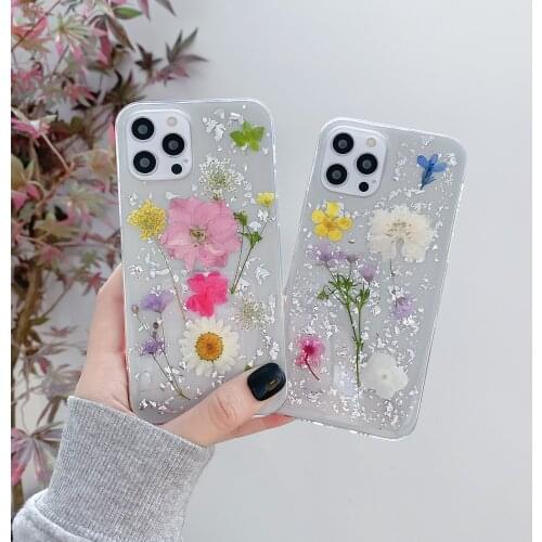 White Pink Real Dry Flower Phone Case for iPhone 12 Pro Max 11 7 8 Plus X XS XR 12Mini Case Glitter Silver Foil Soft Clear Cover