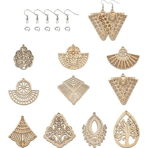 Wooden Dangle Earrings Jewelry Making Kit with Unfinished Blank Filigree Teardrop Wood Big Pendants Earring Hooks Jewelry Supply