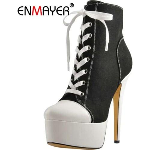 ENMAYER Canvas Lace-Up Sexy Super High Women Shoes Spring/Autumn Casual Round Toe High Heels Platform Pumps Women Shoes 34-43