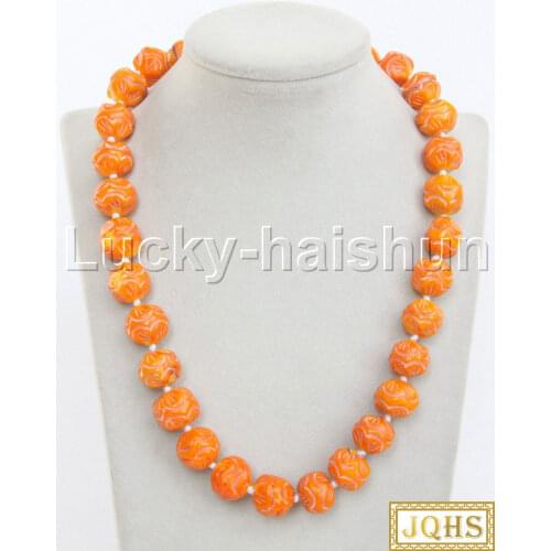 JQHS 20" 16mm natural round carved yellow coral necklace 18KGP clasp j13174