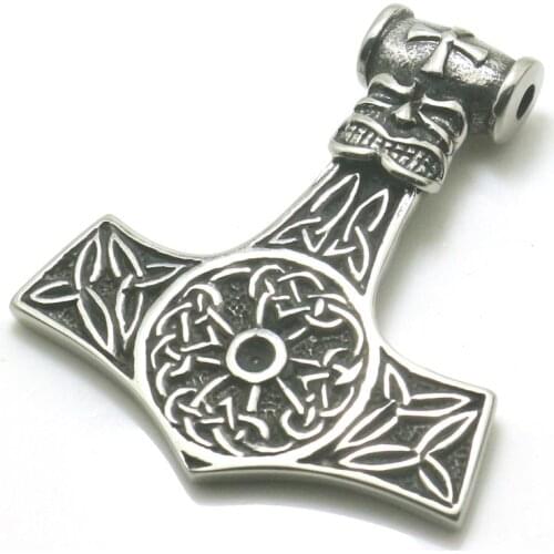 Newest Men Boy 316L Stainless Steel Cool Punk Gothic Thors Hammer Vikings Skull Big Pendant