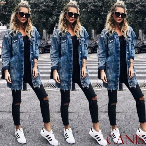 Autumn Winter Women Plus Size Harajuku Boyfriend Denim Jacket Hole Casual Loose Long Sleeve Wind Jean Large Size Female Coats