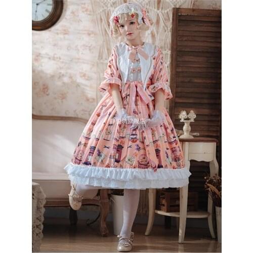 Sweet princess lolita dress vintage lace bowknot sailor collar printing high waist victorian dress kawaii girl gothic lolita op