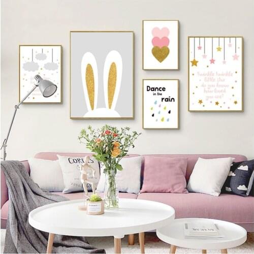 Cartoon Rabbit Pink Heart Wall Art Canvas Poster Nursery Quotes Print Nordic Painting Wall Picture Kids Living Room Decoration